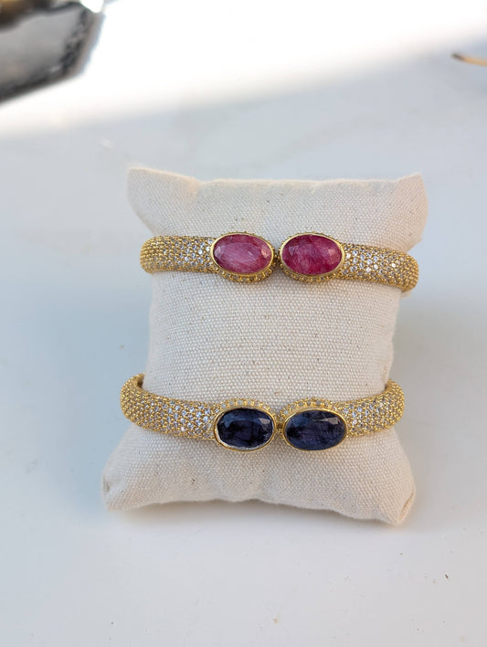 Diamond Pave with Ruby, Sapphire Heavy Gold Cuff Bracelet