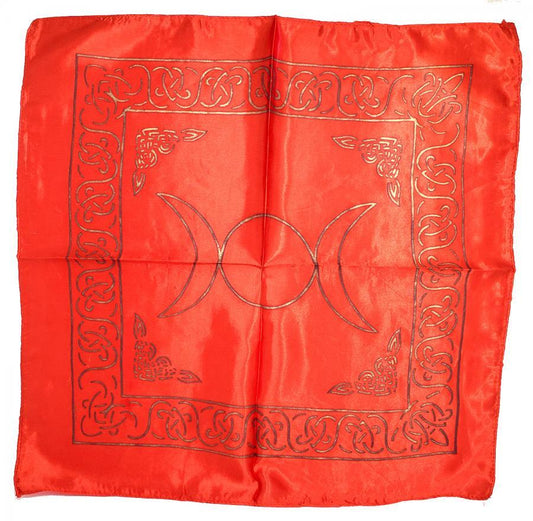 Triple Moon Altar Cloth 21x21" – Golden Print on Red Satin Ritual & Manifestation Cloth