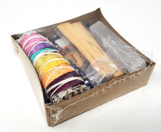 Chakra Balancing Kit - 1- Chakra Rose/White Sage , 2-Palo Santo Sticks, 1-Selenite Stick, 1 - Chakra Lava Bracelet