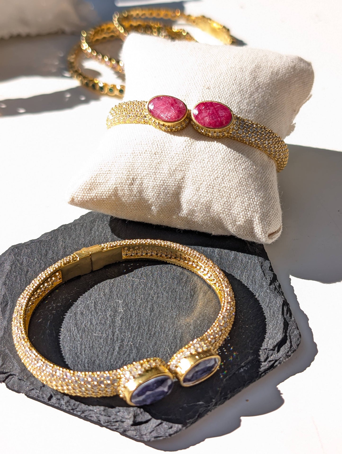 Diamond Pave with Ruby, Sapphire Heavy Gold Cuff Bracelet