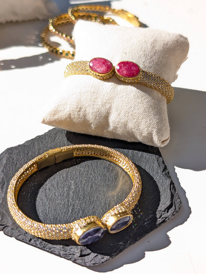 Diamond Pave with Ruby, Sapphire Heavy Gold Cuff Bracelet