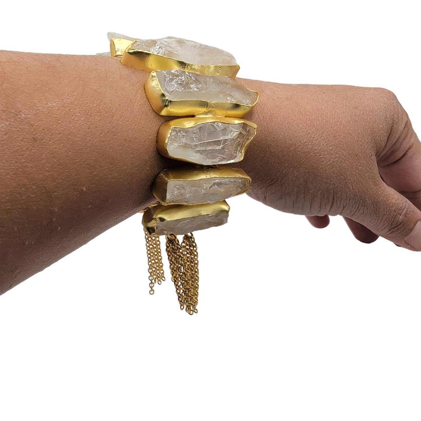 Rough Crystal Quartz Handmade Statement Gold Cuff Bracelet
