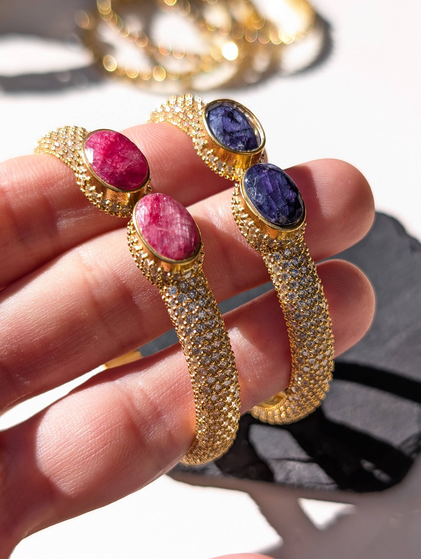 Diamond Pave with Ruby, Sapphire Heavy Gold Cuff Bracelet