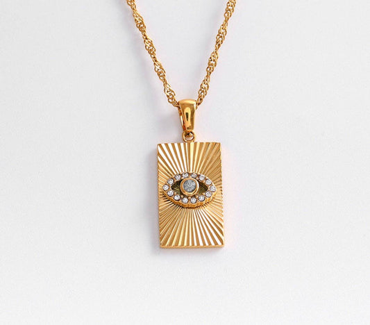 Evil Eye Talisman Tag Pendenat 14K Gold Steel Necklace