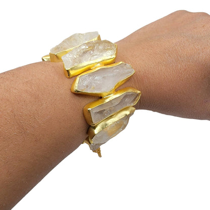 Rough Crystal Quartz Handmade Statement Gold Cuff Bracelet