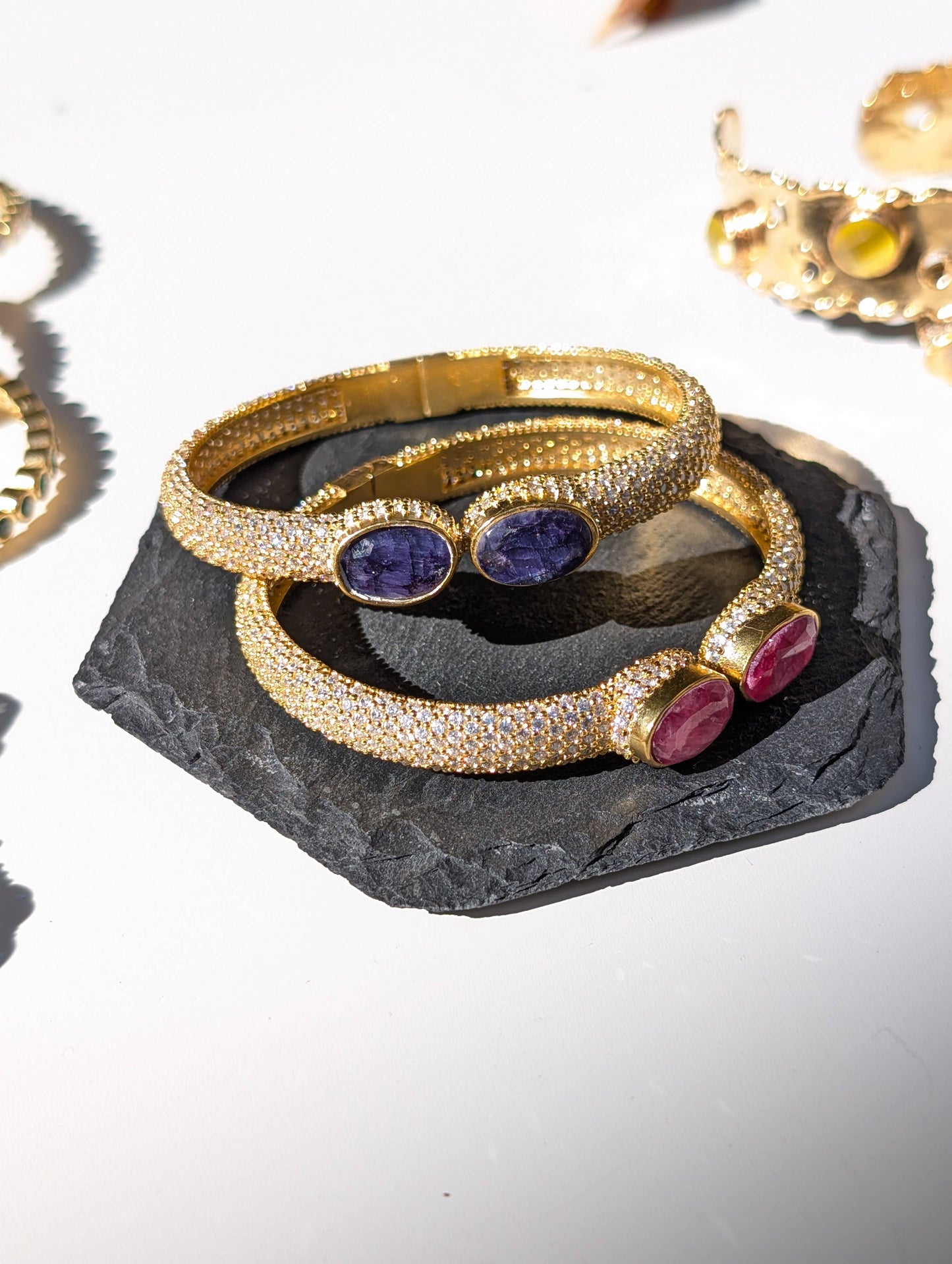 Diamond Pave with Ruby, Sapphire Heavy Gold Cuff Bracelet