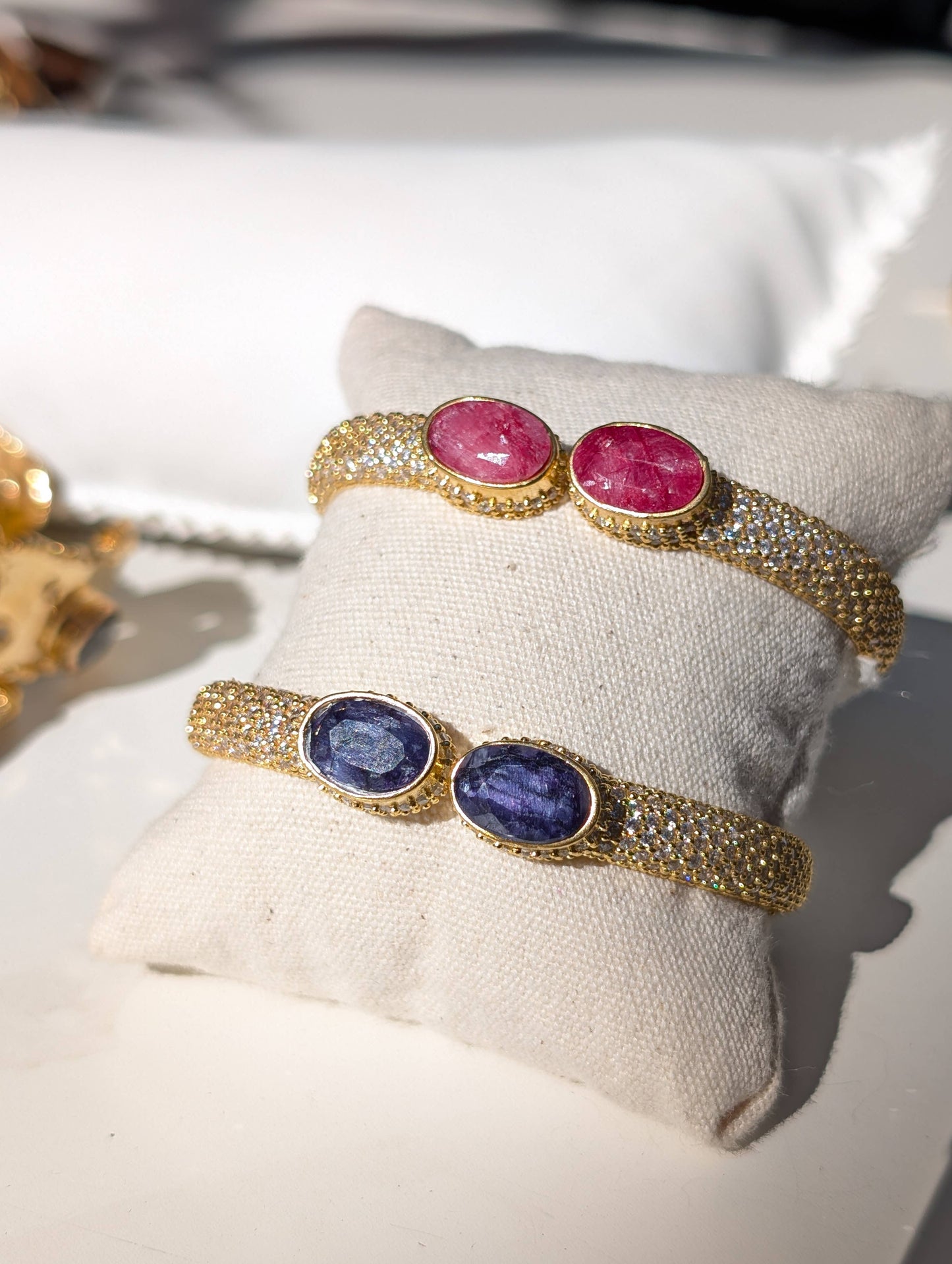 Diamond Pave with Ruby, Sapphire Heavy Gold Cuff Bracelet