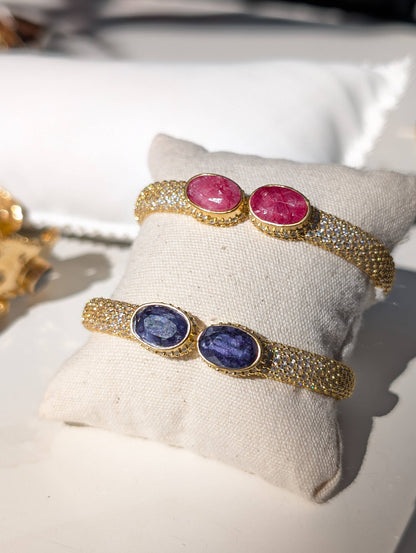 Diamond Pave with Ruby, Sapphire Heavy Gold Cuff Bracelet