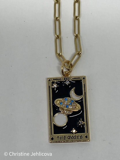 Tarot Card Necklace-The World- Steel enamel glass paperclip