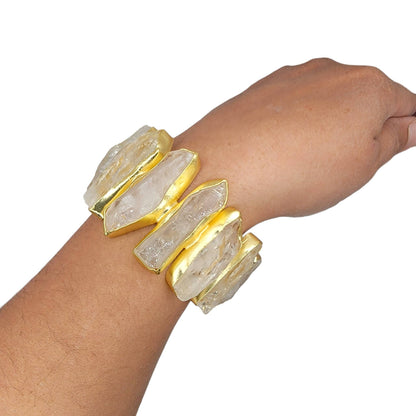 Rough Crystal Quartz Handmade Statement Gold Cuff Bracelet