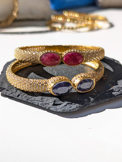 Diamond Pave with Ruby, Sapphire Heavy Gold Cuff Bracelet