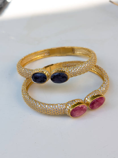 Diamond Pave with Ruby, Sapphire Heavy Gold Cuff Bracelet