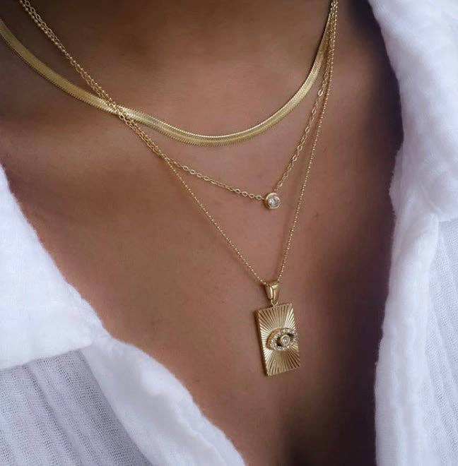 Evil Eye Talisman Tag Pendenat 14K Gold Steel Necklace