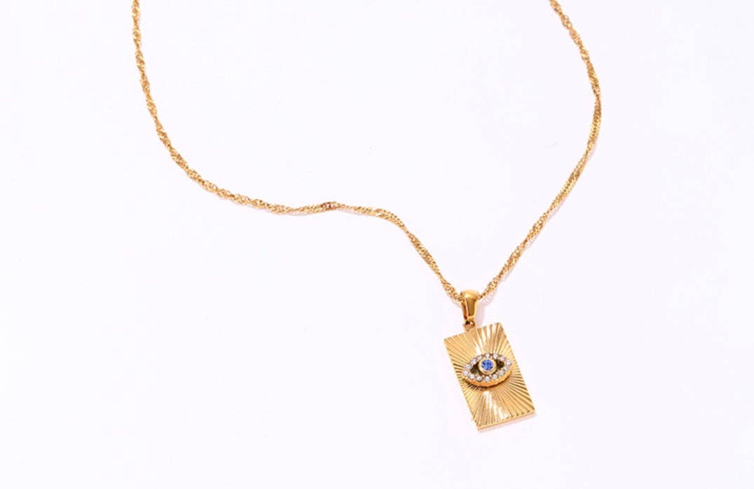 Evil Eye Talisman Tag Pendenat 14K Gold Steel Necklace