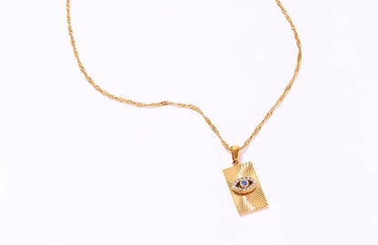 Evil Eye Talisman Tag Pendenat 14K Gold Steel Necklace