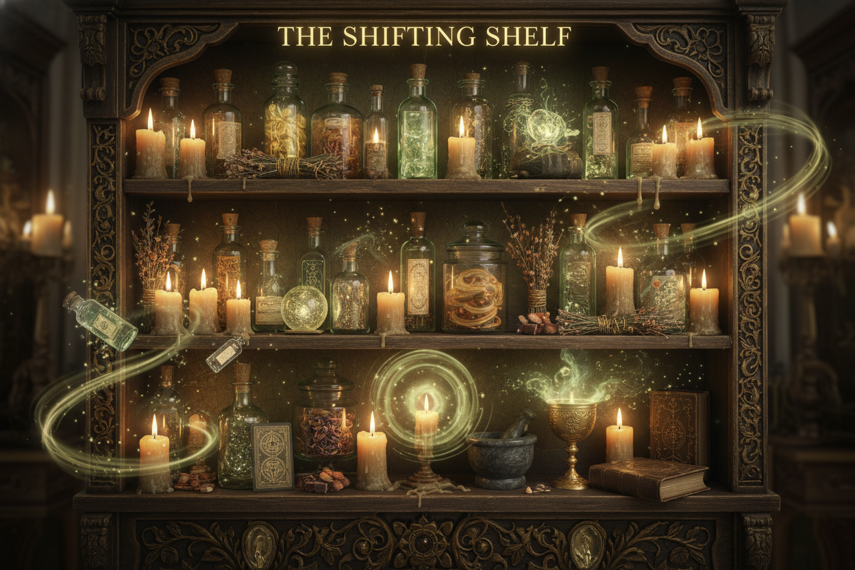 A mystical apothecary shelf glowing with soft golden and green energy, bottles, candles, herbs, teas, and spiritual tools arranged beautifully. Some items fading into light particles to show rotation and shifting, new items materializing in aura-like glow. Elegant, enchanted, limited-edition feel. Soft smoke, floating sparkles, ancient wood textures, warm lighting, ethereal atmosphere. Text placeholder at top: ‘THE SHIFTING SHELF’ in serif gold lettering.
