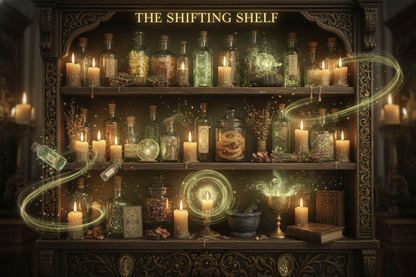 A mystical apothecary shelf glowing with soft golden and green energy, bottles, candles, herbs, teas, and spiritual tools arranged beautifully. Some items fading into light particles to show rotation and shifting, new items materializing in aura-like glow. Elegant, enchanted, limited-edition feel. Soft smoke, floating sparkles, ancient wood textures, warm lighting, ethereal atmosphere. Text placeholder at top: ‘THE SHIFTING SHELF’ in serif gold lettering.