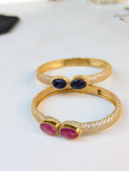 Diamond Pave with Ruby, Sapphire Heavy Gold Cuff Bracelet