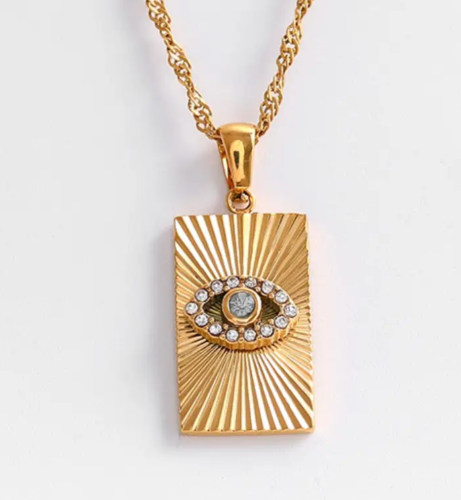 Evil Eye Talisman Tag Pendenat 14K Gold Steel Necklace