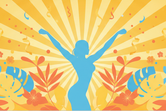 Colorful banner with a blue silhouette of a person and floral elements on an orange background