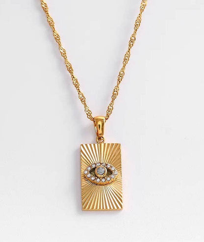 Evil Eye Talisman Tag Pendenat 14K Gold Steel Necklace