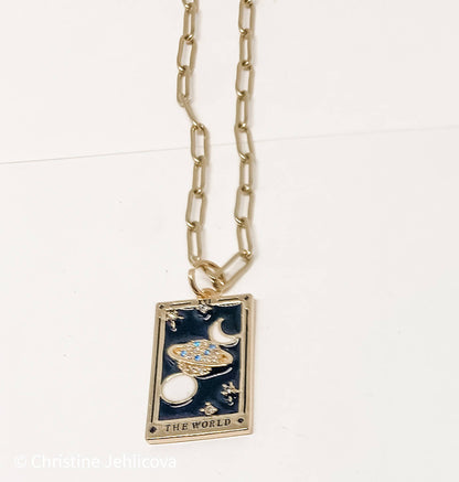 Tarot Card Necklace-The World- Steel enamel glass paperclip