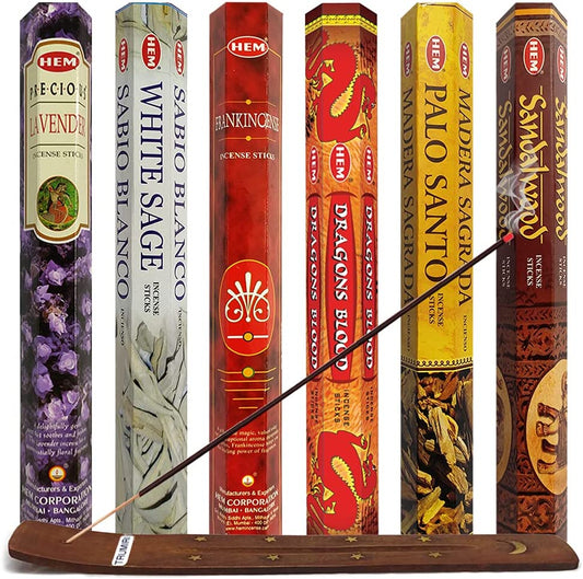 Hem Incense Sticks Variety Pack and Incense Stick Holder Bundle with 6 Classic Fragrances