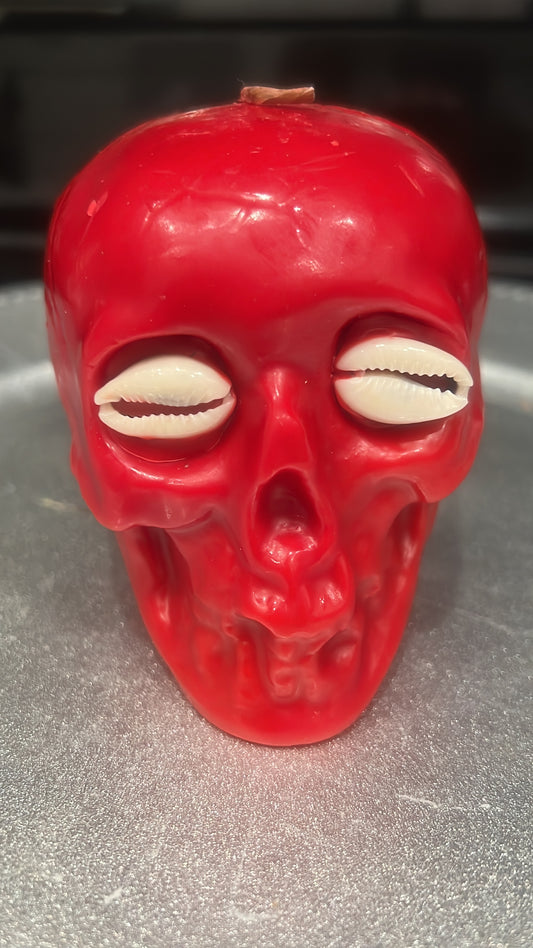Red Skull Candle with Cowrie Shells – Powerful Ritual Candle for Reversal, Protection & Manifestation